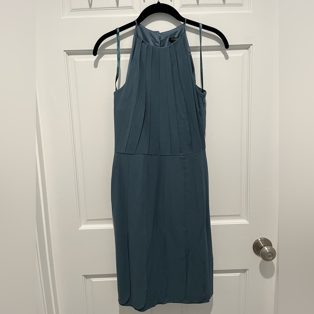 Teal Silk Dress. Ann Taylor silk, pleated dress with high neck, size 2.